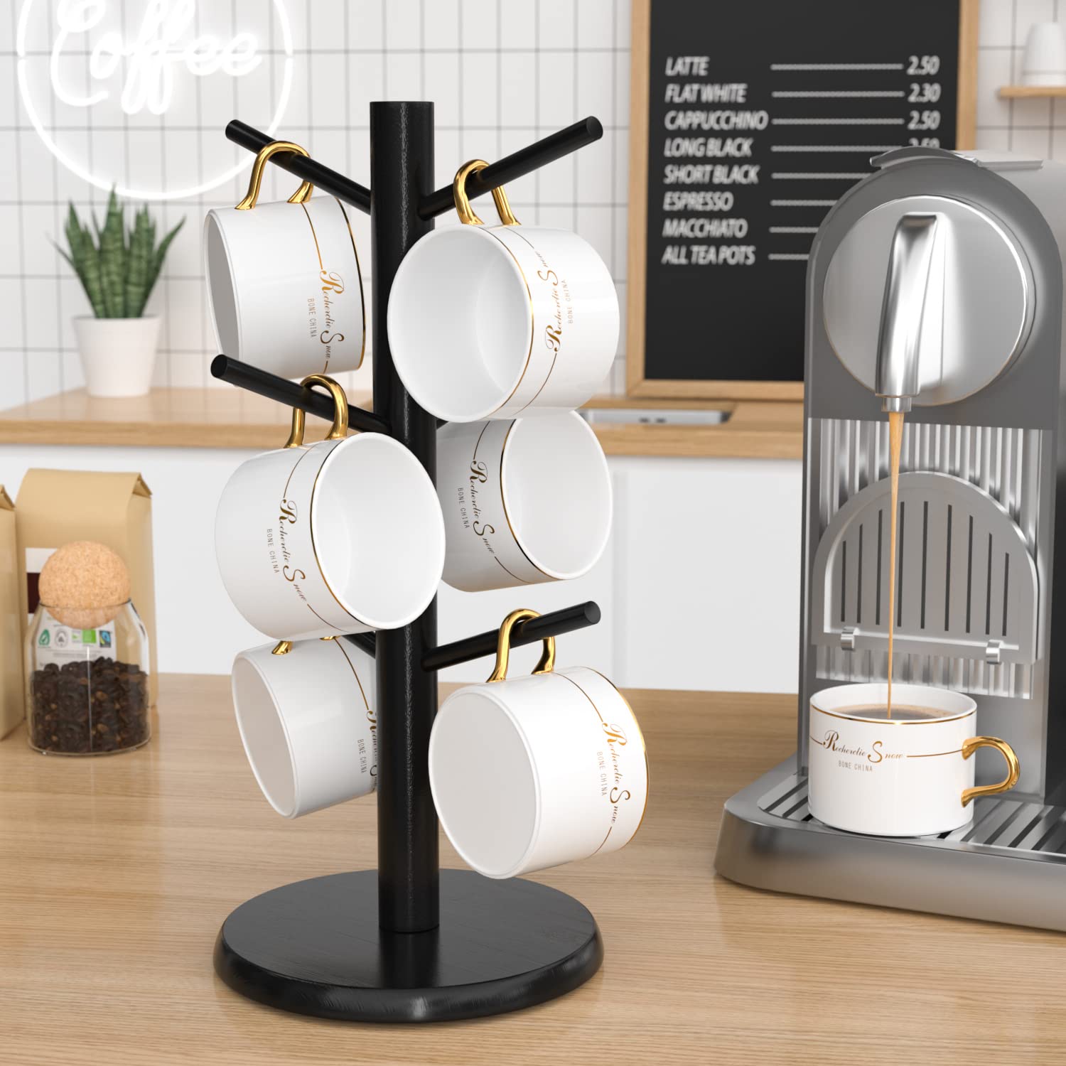 Wisuce Bamboo Coffee Mug Holder Tree, Thicker Base Coffee Cup Holder Stand for Counter, Mug Rack with 6 Hooks (Black)