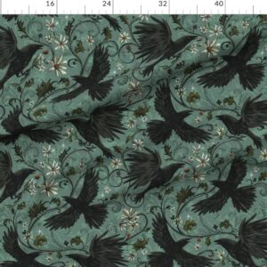 Spoonflower Fabric - Gothic Ravens Autumn Floral Halloween Bohemian Magic Dark Moody Corvid Printed on Denim Fabric by The Yard - Bottomweight Apparel Home Decor Upholstery