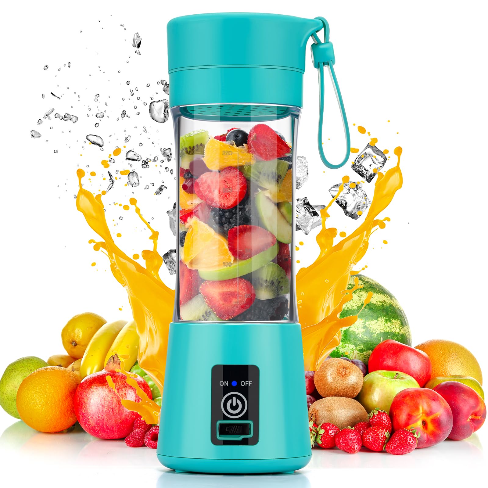 Personal Blender for Shakes and Smoothies, USB Rechargeable Shaker, Portable Juicer with Six Cutters, 380ML Juice Bottle for Travel Gym（Teal）