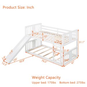 Montessori Floor Bunk Bed Twin Over Twin, Twin Bunk Bed with Slide and Ladder, Kids Bunk Beds with Guardrail Headboard and Footboard, Low Bunk Beds for Kids, Boys, Girls, Twin Bunk Bed White