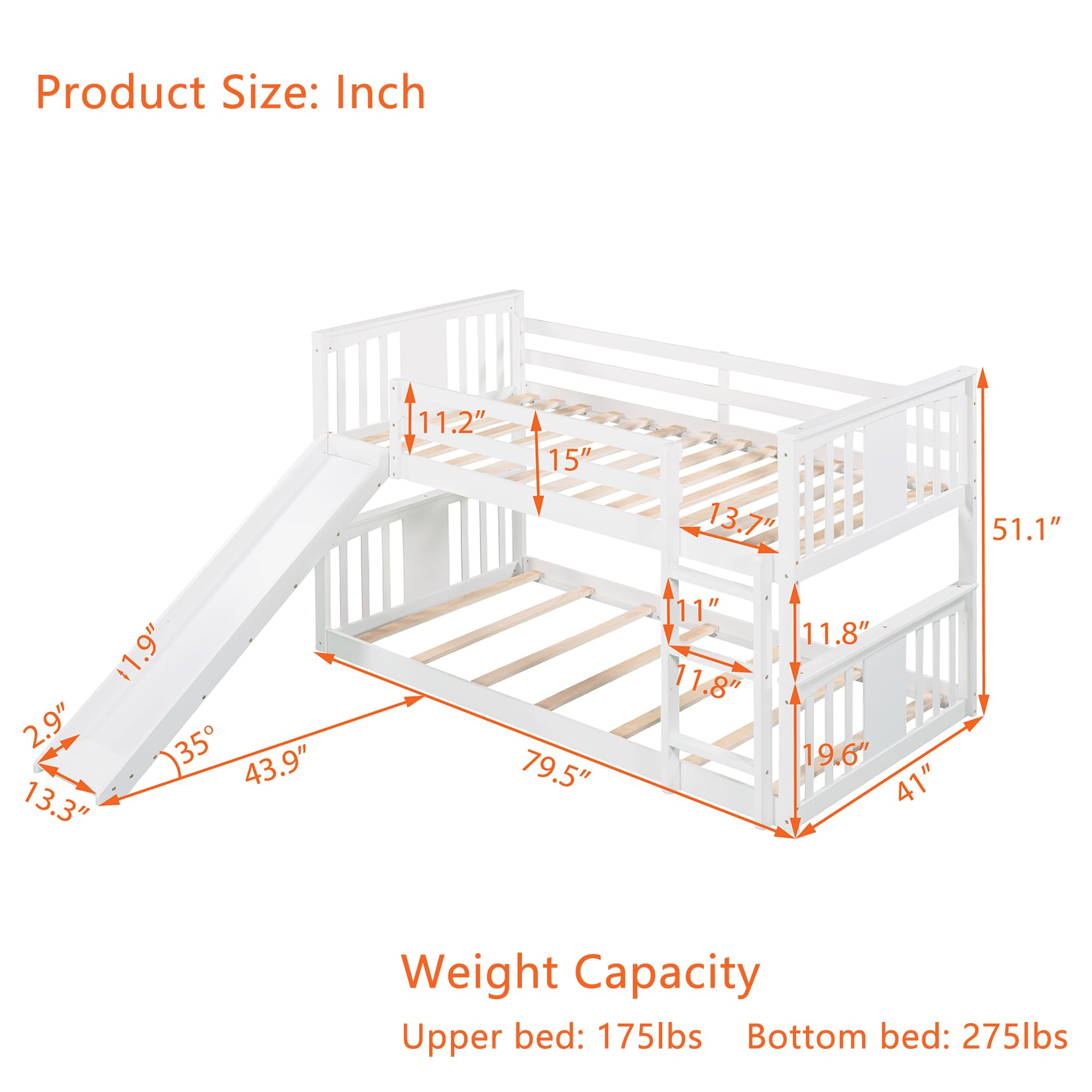 Montessori Floor Bunk Bed Twin Over Twin, Twin Bunk Bed with Slide and Ladder, Kids Bunk Beds with Guardrail Headboard and Footboard, Low Bunk Beds for Kids, Boys, Girls, Twin Bunk Bed White