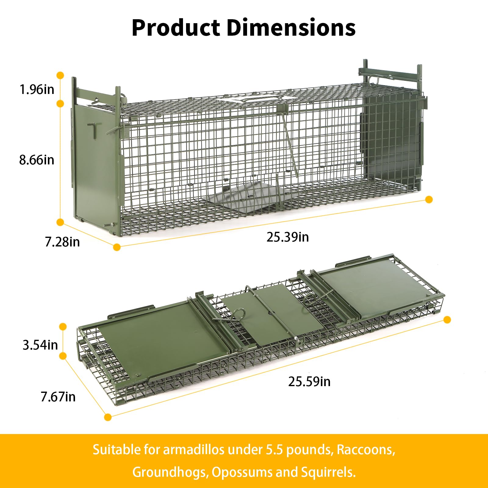 26" 2-Door Live Animal Traps for Stray Cats up to 5.5 pounds, Raccoons, Squirrel, Skunk, Mole, Groundhog, Armadillo, Rabbit, with Pedal Triggers