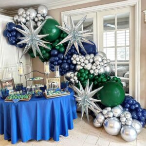 Navy Blue Green Silver Balloon Garland Double Stuffed Dark Green Silver Balloon Forest Green Navy Balloon Silver Metallic Balloon Arch Kit for Birthday Football Game Dinosaur Grad Party Decoration