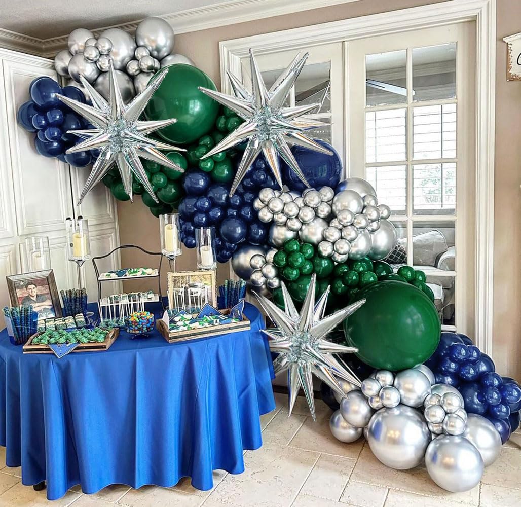 Navy Blue Green Silver Balloon Garland Double Stuffed Dark Green Silver Balloon Forest Green Navy Balloon Silver Metallic Balloon Arch Kit for Birthday Football Game Dinosaur Grad Party Decoration