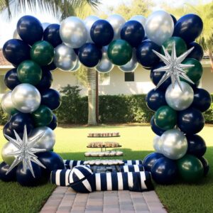 Navy Blue Green Silver Balloon Garland Double Stuffed Dark Green Silver Balloon Forest Green Navy Balloon Silver Metallic Balloon Arch Kit for Birthday Football Game Dinosaur Grad Party Decoration