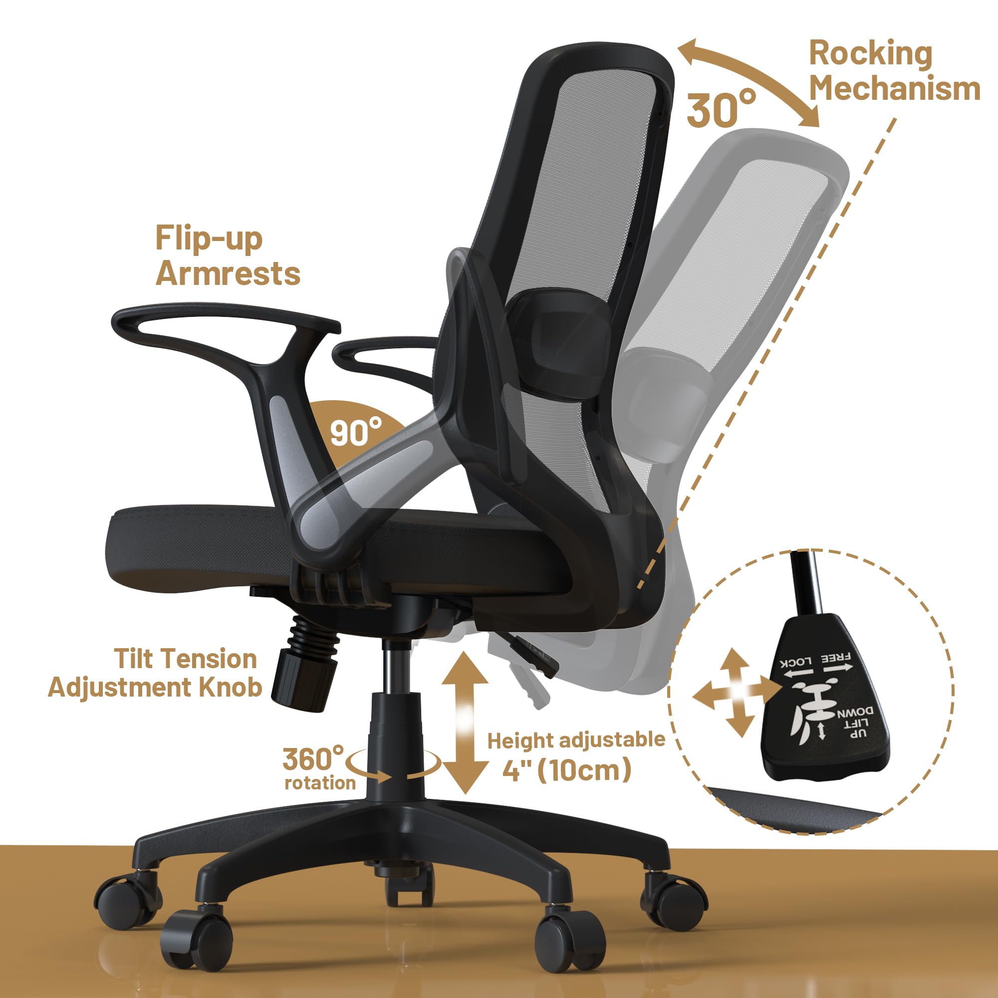 Qoroos Mesh Swivel Desk Office Chair Black Ergonomic Computer Task Chair with Adjustable Lumbar Support and Height, Flip Up Arms