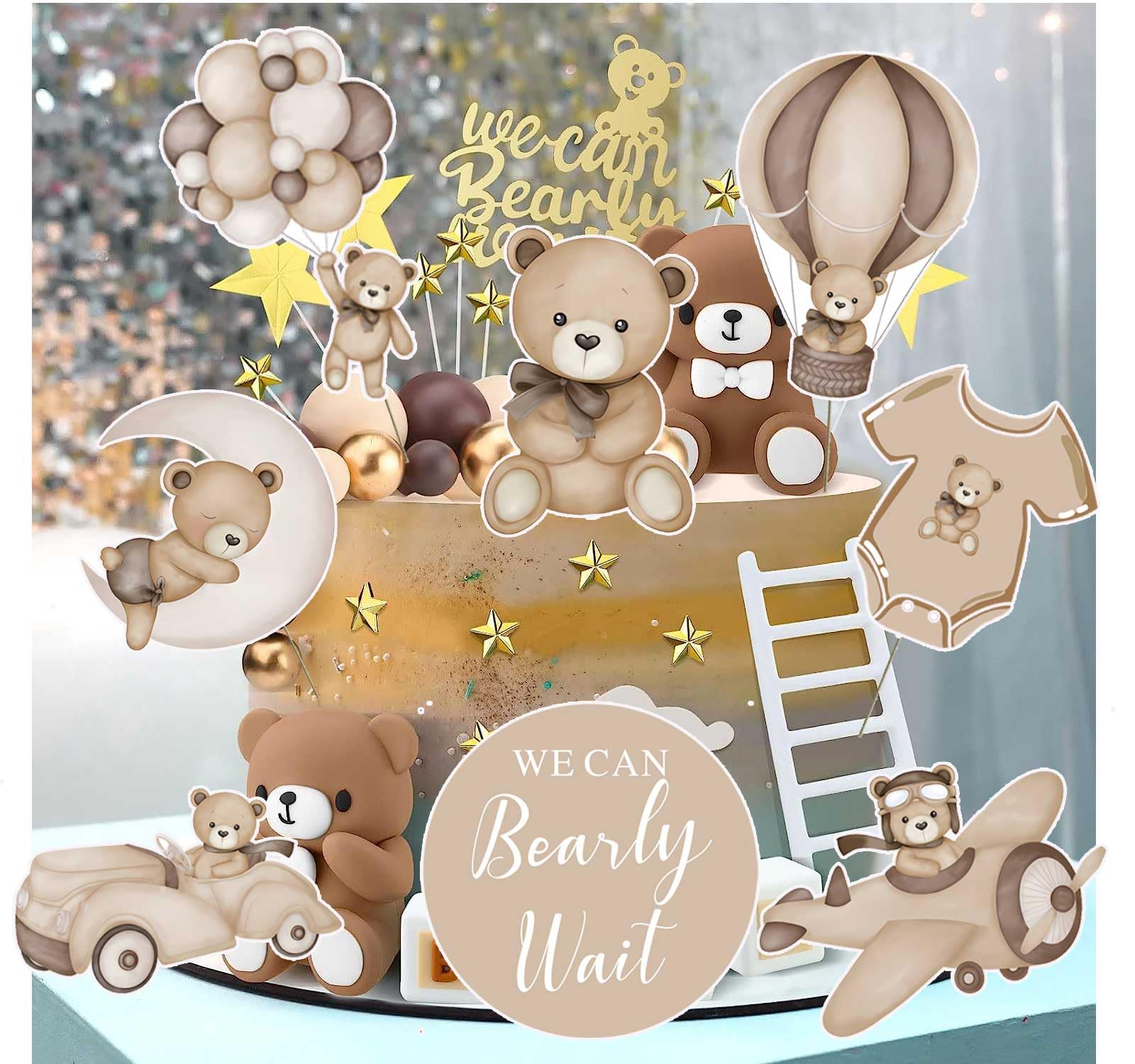 Zliisang 16Pcs Bear Baby Shower Centerpieces for Cake Table Decorations We Can Bearly Wait Baby Shower Decorations for Boy Bear Cake Toppers Bearly Wait Baby Shower Party Decorations