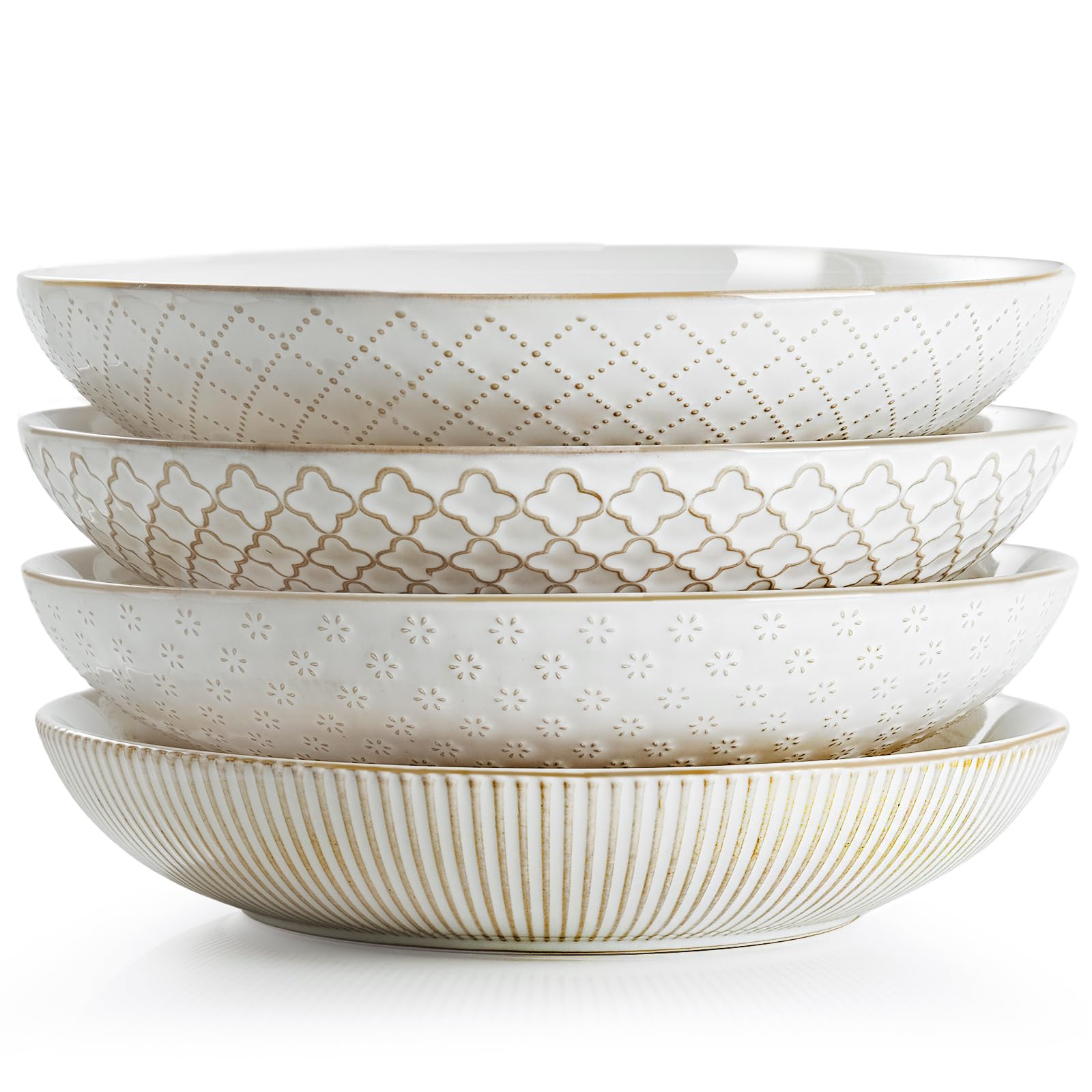 getstar Pasta Bowls, Large Salad Serving Bowls (9.2 inch/42 oz), Ceramic Bowl Plates Set of 4, Farmhouse Embossments, Microwave and Dishwasher Safe