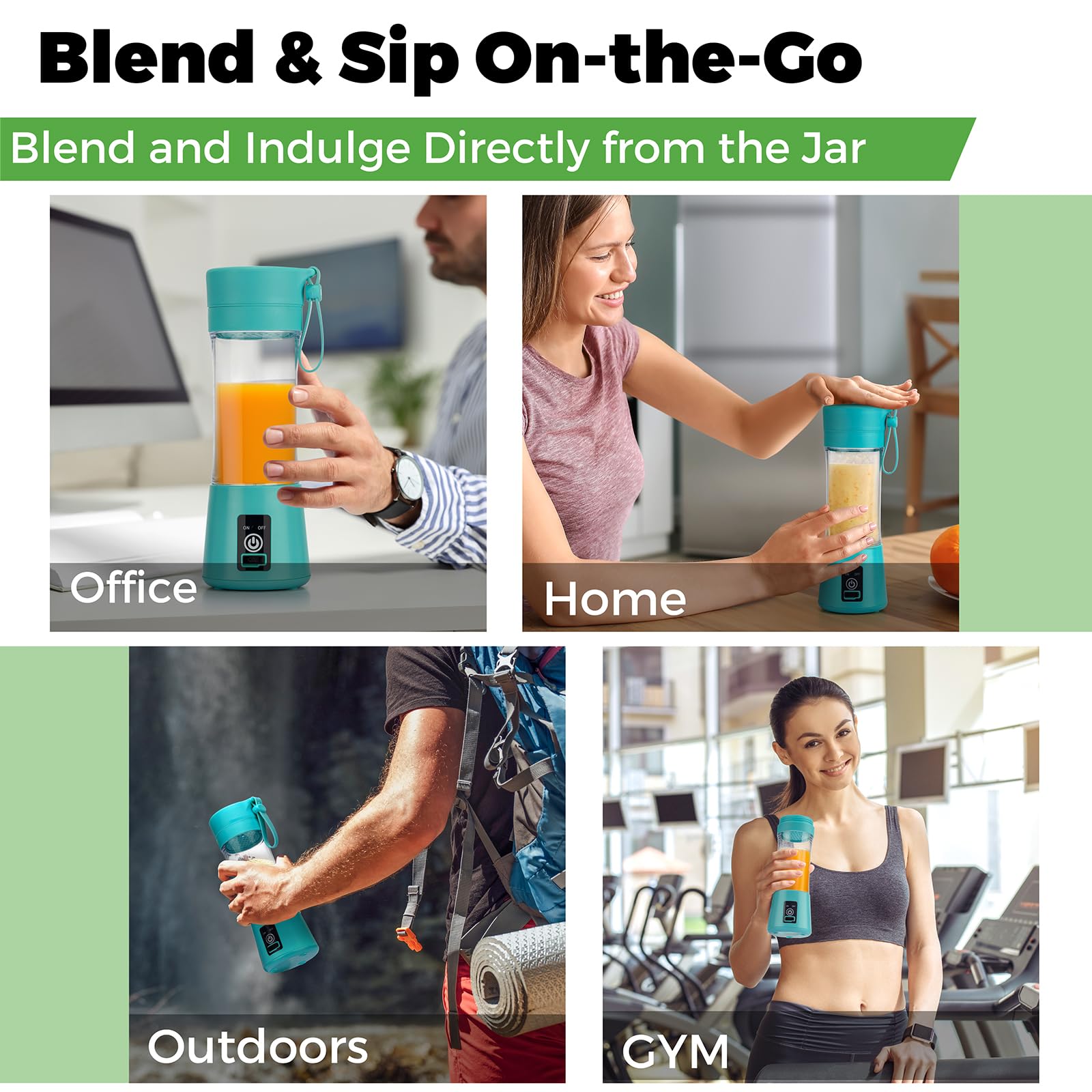 Personal Blender for Shakes and Smoothies, USB Rechargeable Shaker, Portable Juicer with Six Cutters, 380ML Juice Bottle for Travel Gym（Teal）