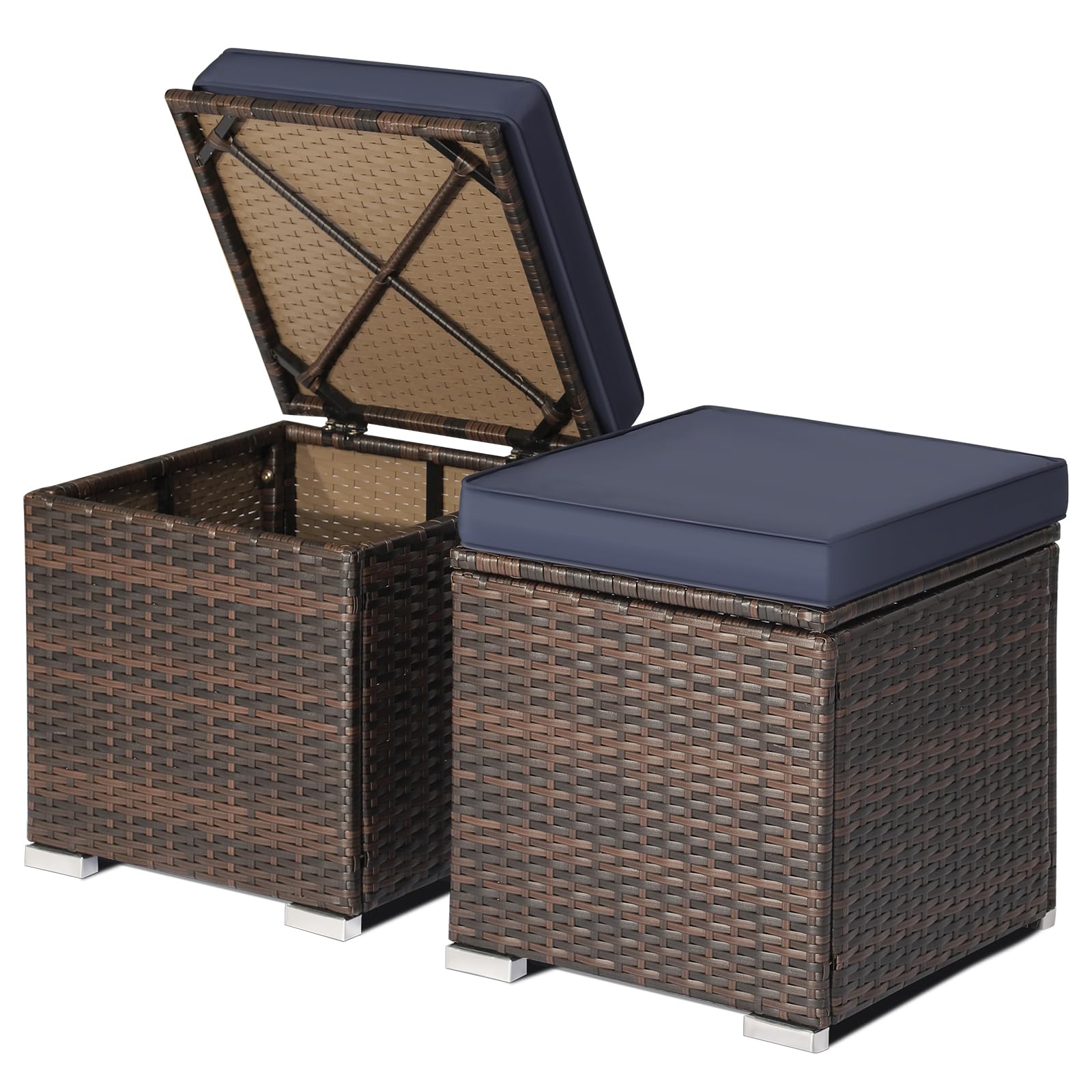 DORTALA 2 Pieces Patio Wicker Ottomans, Outdoor PE Rattan Side Table with Storage Cabinet, Cushions, Foot Rest for Couch, Chair, Navy Blue