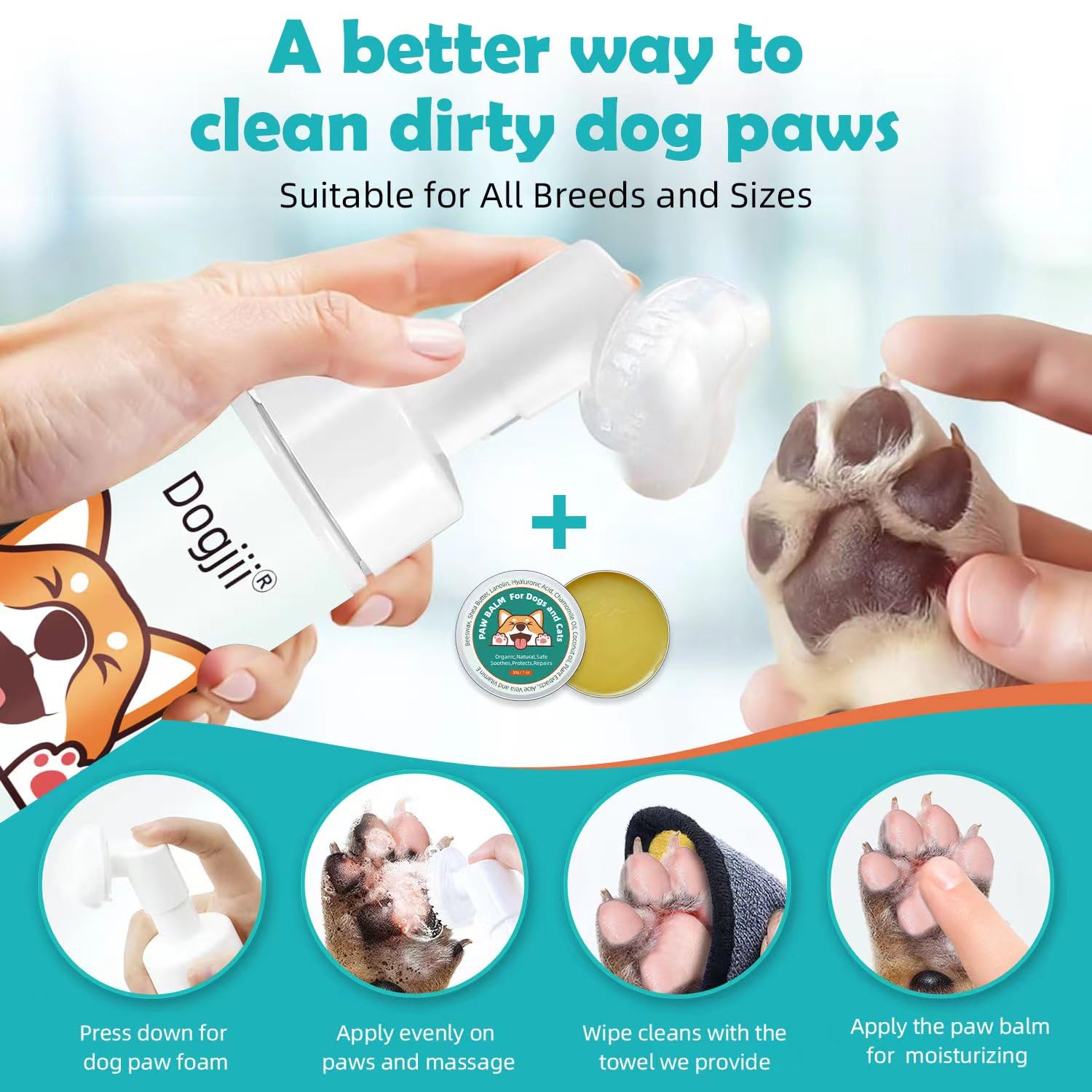 Dog Paw Care Kit | No-Rinse Paw Cleaner for Dogs & Cats (7 Fl Oz)| Paw Balm for Heal Dry Cracked Paws & Nose | Safe & Natural Foaming Feet Cleaner with Silicone Brush Dogs