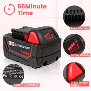 18V 6.0AH Capacity Battery - Replacement for M18 Battery Compatible with Milwaukee Battery Tools and Charger 48-11-1850 48-11-1852 48-11-1850R 5.0Ah 48-11-1840 4.0Ah 48-11-1828 3.0Ah 48-11-1820