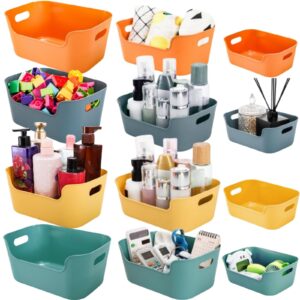 tlence 12 pack plastic storage bins and baskets, 3 sizes classroom organizer bins with built-in handle, household colorful pantry shelf organization buckets container for office bedroom countertop