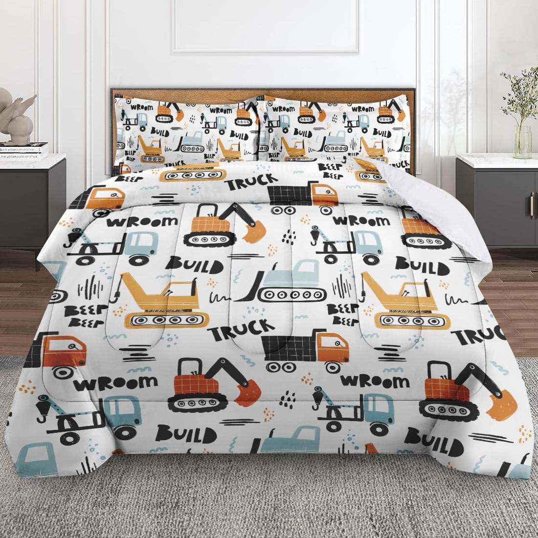 Nesphy Boys Construction Comforter Set for Kids Teens Queen, Hand Drawn Car Excavator Truck Bedding Sets Water Washed Microfiber Bedding with 1 Comforter 2 Pillowcases All Season