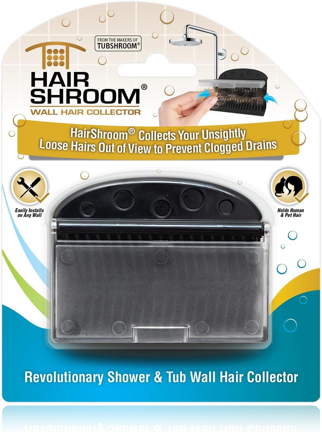 HairShroom Reusable Shower & Bathtub Wall Hair Catcher Hair Grabber Snare for The Hidden Storage of Wet Hair to Prevent Clogged Drains, Black