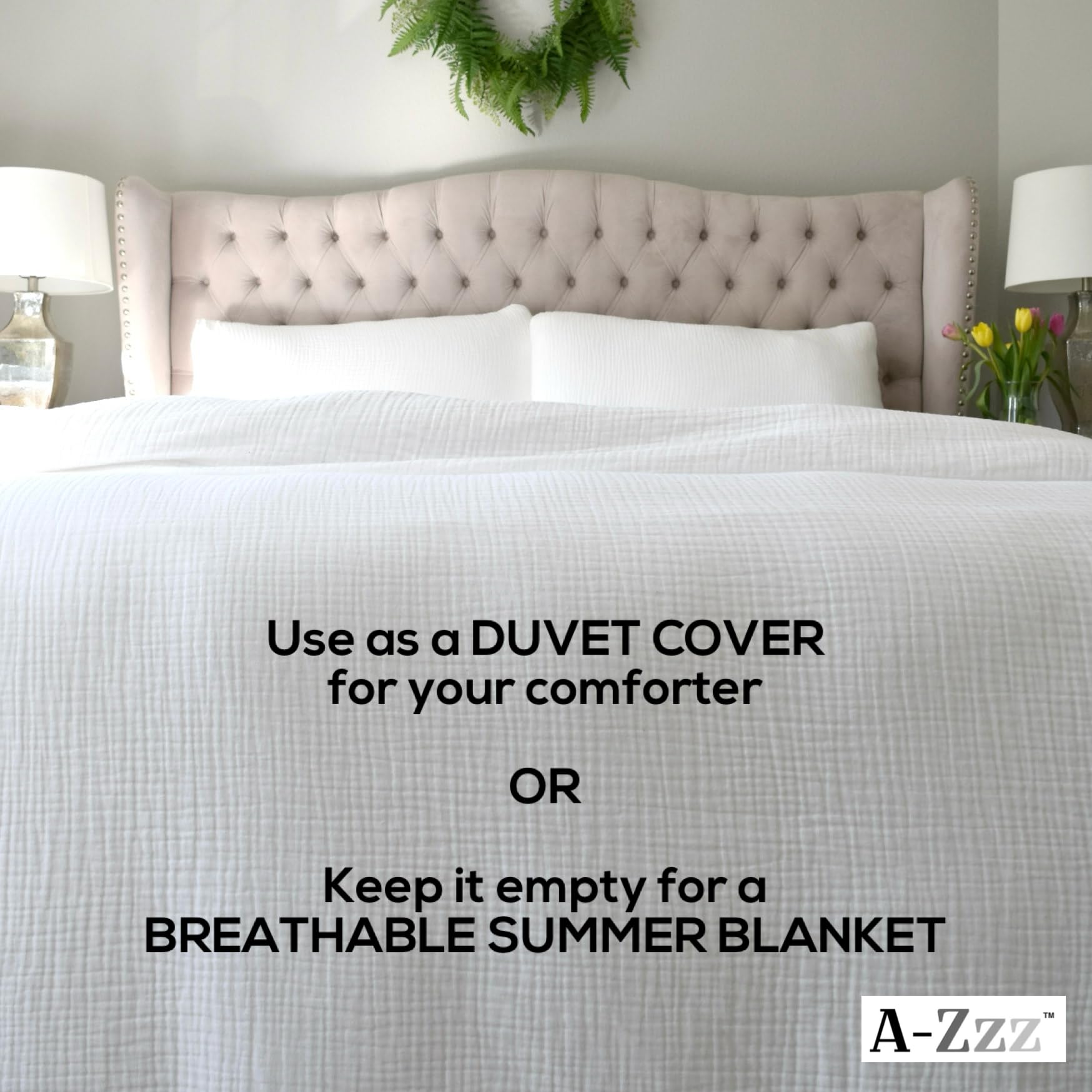 A-Zzz 100% Muslin Cotton Duvet Cover - Convertible to Cooling Adult Muslin Blanket/Light Summer Comforter, Hot Sleeper, Breathable Gauze, Zipper Closure, 2 Pillowcases (White, King (U.S. Standard))