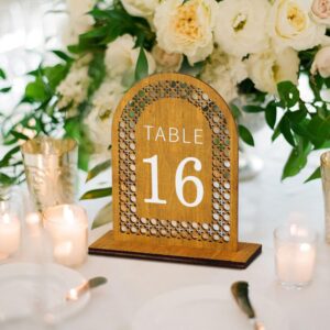 20pcs Wooden Table Numbers, Rattan Arch Table Numbers 1-20 Wedding Reception Table Numbers with Stands for Wedding Banquet Restaurant Party Decor