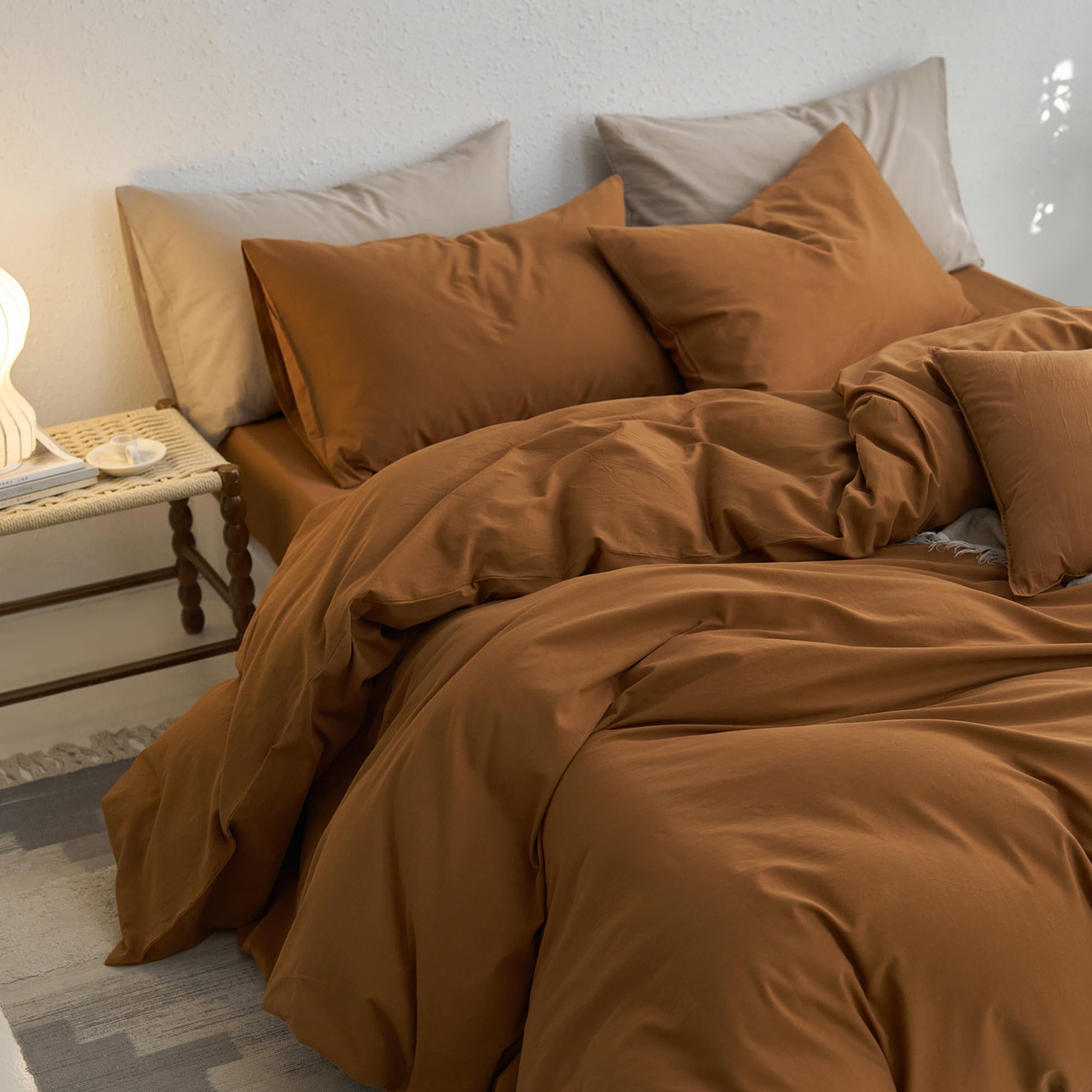 MooMee Bedding Duvet Cover Set 100% Washed Cotton Twill Thick Sturdy Material Super Soft Breathable Durable Casual Look Luxurious Feel (Dark Orange, Queen)