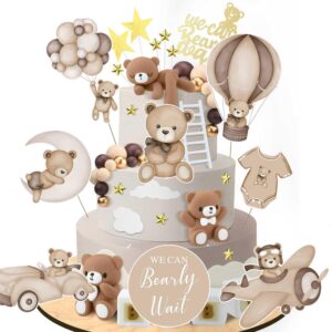 Zliisang 16Pcs Bear Baby Shower Centerpieces for Cake Table Decorations We Can Bearly Wait Baby Shower Decorations for Boy Bear Cake Toppers Bearly Wait Baby Shower Party Decorations