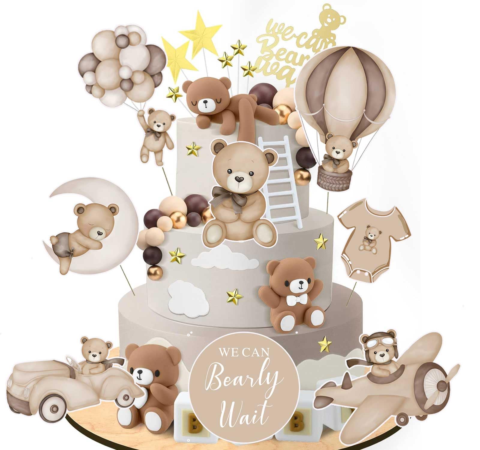 Zliisang 16Pcs Bear Baby Shower Centerpieces for Cake Table Decorations We Can Bearly Wait Baby Shower Decorations for Boy Bear Cake Toppers Bearly Wait Baby Shower Party Decorations