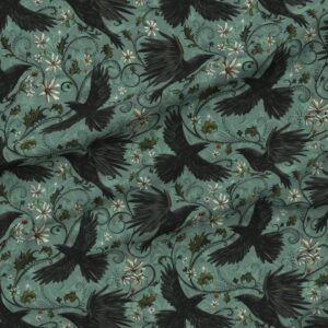 Spoonflower Fabric - Gothic Ravens Autumn Floral Halloween Bohemian Magic Dark Moody Corvid Printed on Denim Fabric by The Yard - Bottomweight Apparel Home Decor Upholstery