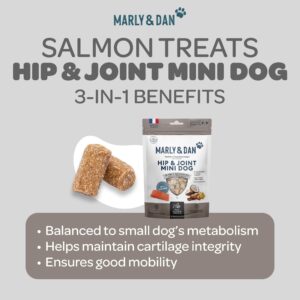 Marly & Dan Small Breed Hip & Joint Healthy Mobility Mini Dog Treats for Small Dogs, Made in France with Salmon, Sweet Potato, Glucosamine and Chondroitin, 3.5 oz