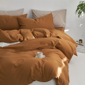 MooMee Bedding Duvet Cover Set 100% Washed Cotton Twill Thick Sturdy Material Super Soft Breathable Durable Casual Look Luxurious Feel (Dark Orange, Queen)