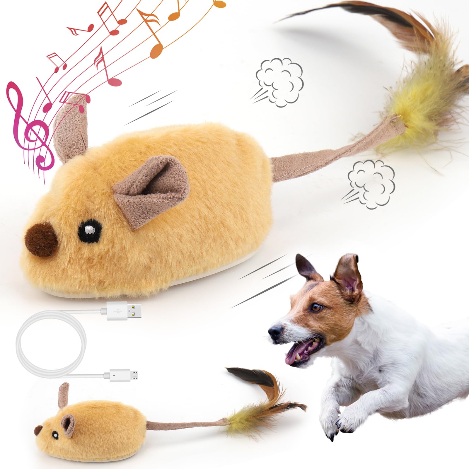 Mity rain Interactive Dog Toys, Fake Mouse Moving Dog Toy with Automatic Sensor, Dog Mouse Toy with Realistic Sound & Extended Tail, Automatic Dog Toy for Cats Dogs Pet, Squeaky Dog Toys Yellow