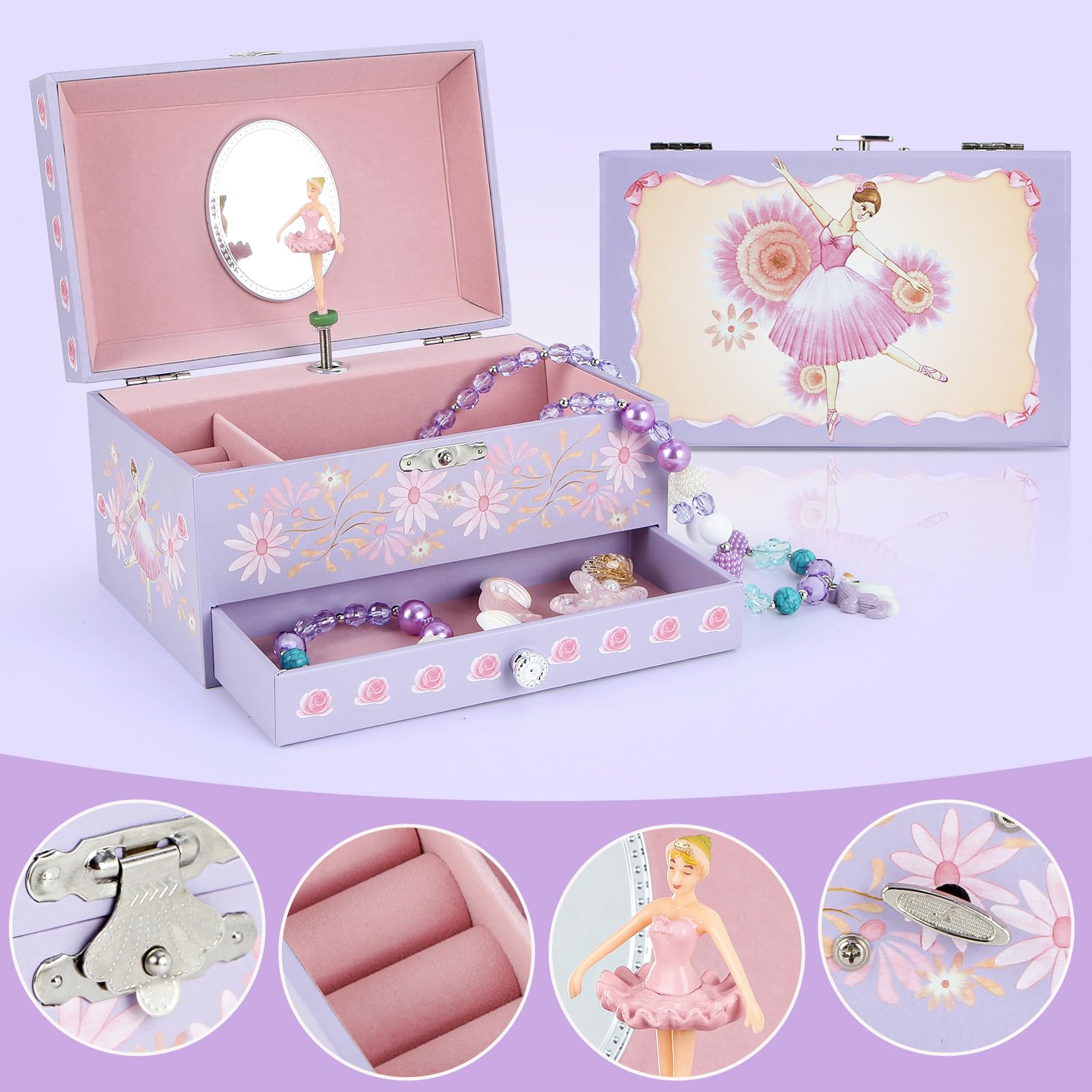 hombrima Music Jewellery Box with Drawer Necklace Bracelet, Musical Jewelry Storage Case with Spinning Ballerina Gift Set for Kids Girls Children Daughter (Pink Dancer)