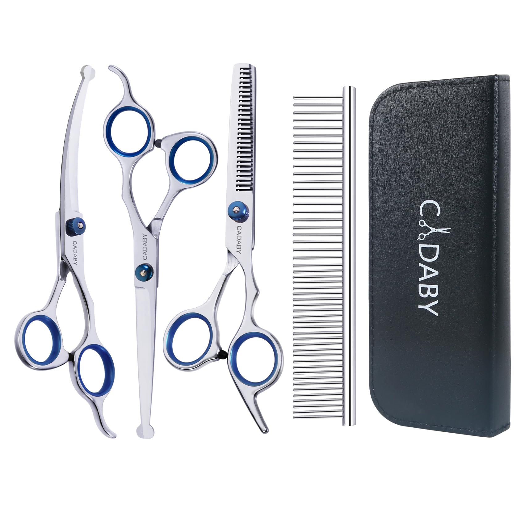 CADABY Dog Grooming Scissors with Safety Round Tips,5 in 1 Dog Grooming Scissors Kit, 4CR Stainless Steel Professional Pet Grooming Shears for Dog, Cat,Sharp and Sturdy