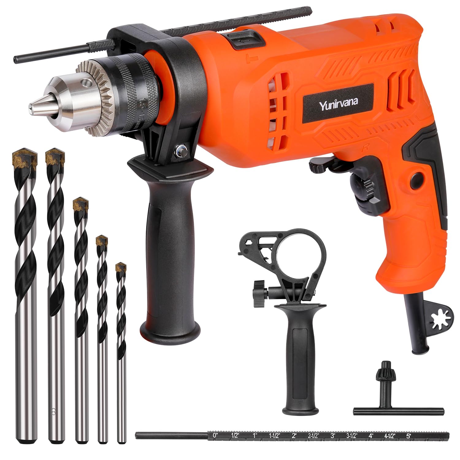 Yunirvana 4.5A Corded Hammer Drill,4.5A Corded Drill Impact Drill 0-3000RPM Electric Drill with 5 Drill Bit Set,Hammer and Drill Functions, 360°Rotating Handle