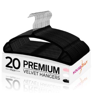 house day black velvet hangers 20 pack, luxury felt hangers non slip clothes hangers, space saving black hanger heavy duty coat hanger, no shoulder bump focked hanger with 360° swivel hook for closet