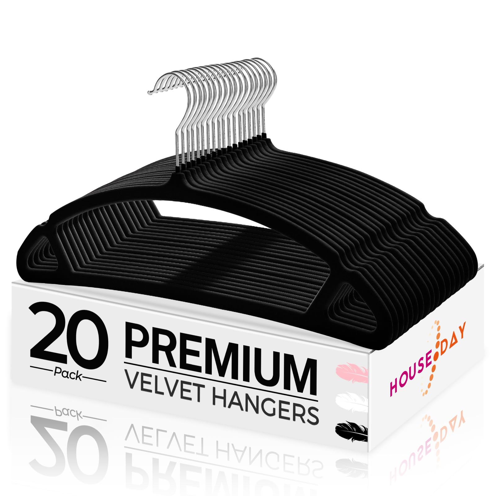 HOUSE DAY Black Velvet Hangers 20 Pack, Luxury Felt Hangers Non Slip Clothes Hangers, Space Saving Black Hanger Heavy Duty Coat Hanger, No Shoulder Bump Focked Hanger with 360° Swivel Hook for Closet