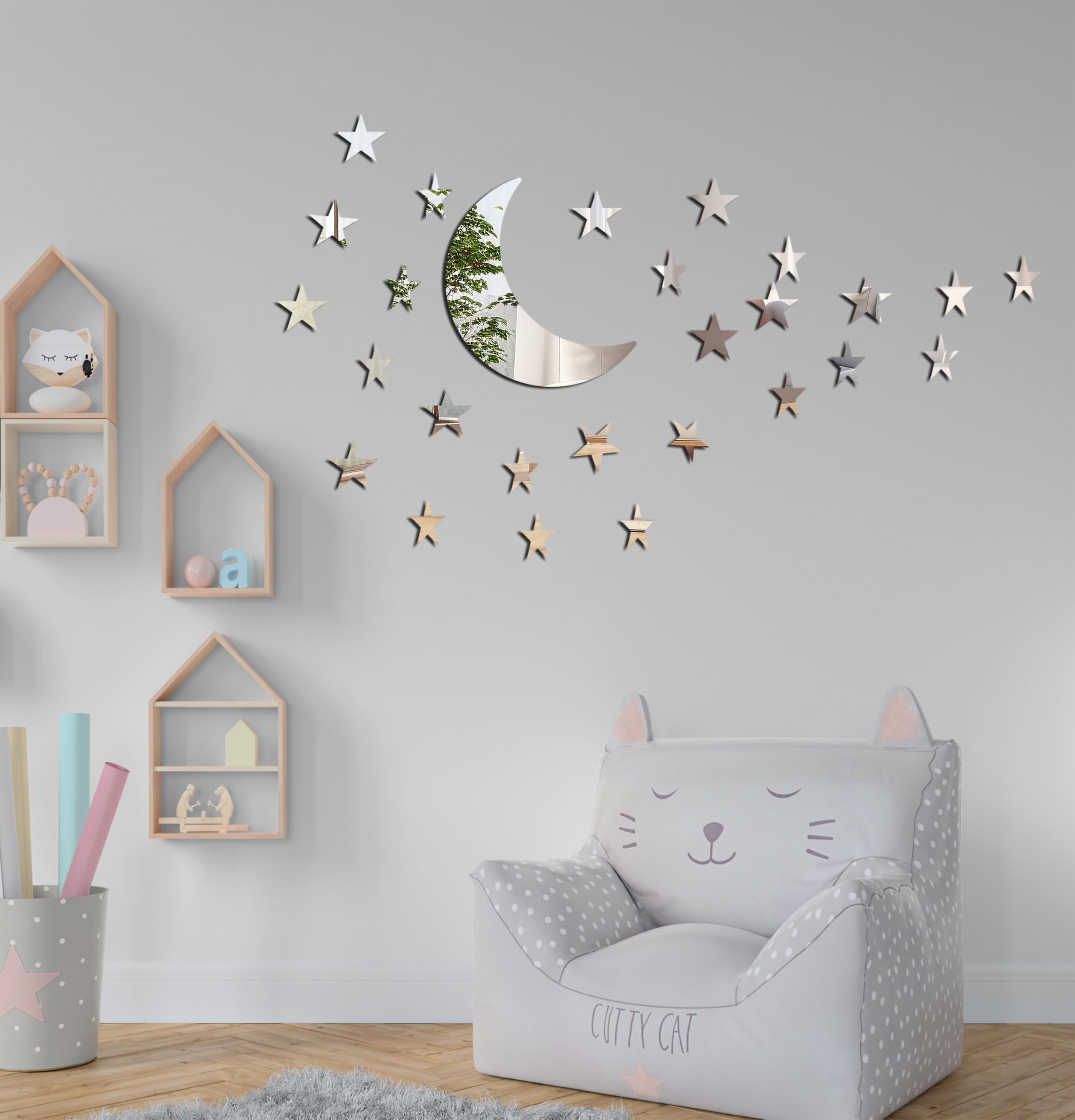 Stars Moon Acrylic Mirror Wall Stickers 3 Sizes Stars Stickers with Adhesive Art Decal 3D Wall Decorations for Baby Kids Bedroom Home DIY Decor