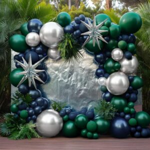 Navy Blue Green Silver Balloon Garland Double Stuffed Dark Green Silver Balloon Forest Green Navy Balloon Silver Metallic Balloon Arch Kit for Birthday Football Game Dinosaur Grad Party Decoration