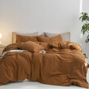 moomee bedding duvet cover set 100% washed cotton twill thick sturdy material super soft breathable durable casual look luxurious feel (dark orange, queen)