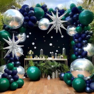 Navy Blue Green Silver Balloon Garland Double Stuffed Dark Green Silver Balloon Forest Green Navy Balloon Silver Metallic Balloon Arch Kit for Birthday Football Game Dinosaur Grad Party Decoration