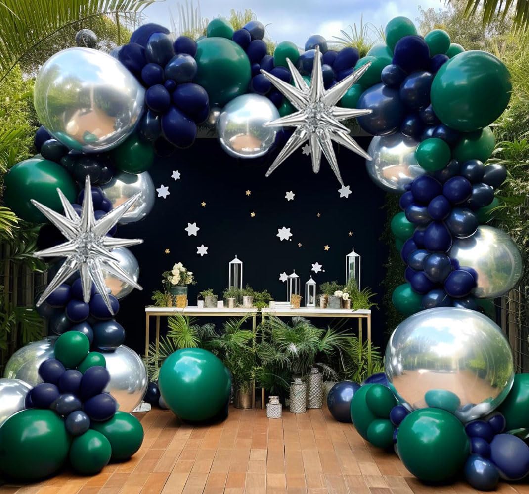 Navy Blue Green Silver Balloon Garland Double Stuffed Dark Green Silver Balloon Forest Green Navy Balloon Silver Metallic Balloon Arch Kit for Birthday Football Game Dinosaur Grad Party Decoration