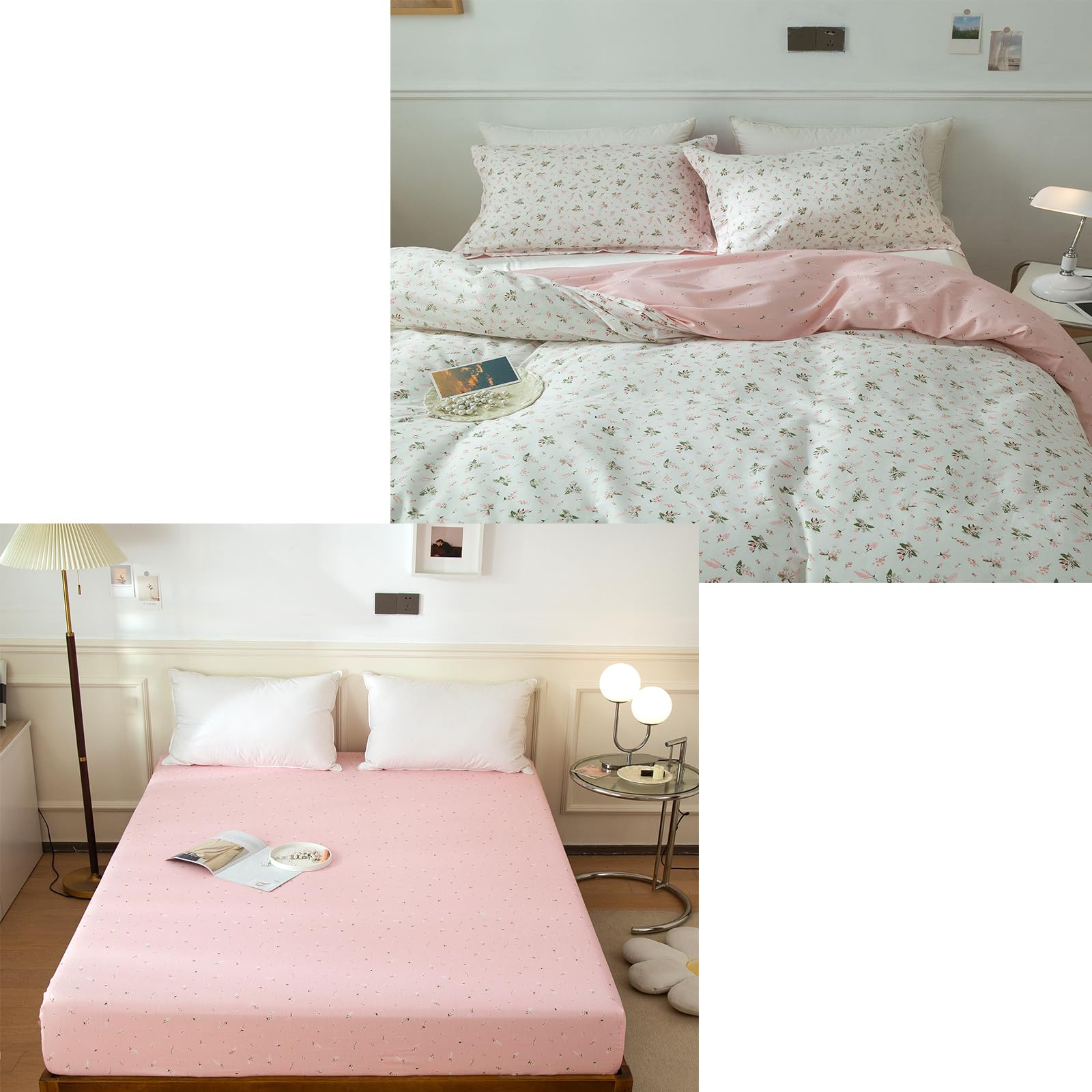 EAVD Vintage Style Garden Pink Floral Duvet Cover Set 1 Queen Duvet Cover + 2 Matching Pillowcases+ 1 Queen Bed Fitted Sheet Soft Cotton Bedding Set