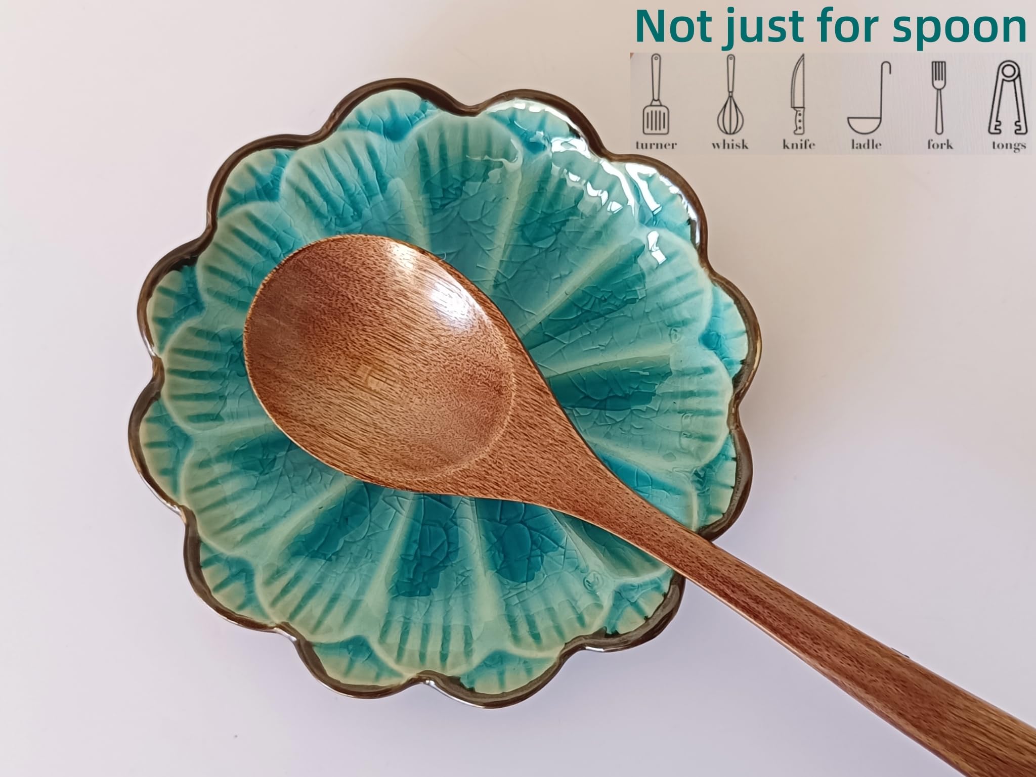 Ceramic Spoon Rest for Stove Top, Flower Cute Spoon Rest for Kitchen Counter, Cooking Spoon Holder for Kitchen Counter, Utensil Rest for Spoon Spatula Ladle or Tong, 1 PC (Ice Cracks Lake Blue)