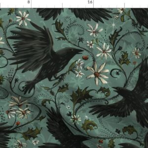 Spoonflower Fabric - Gothic Ravens Autumn Floral Halloween Bohemian Magic Dark Moody Corvid Printed on Denim Fabric by The Yard - Bottomweight Apparel Home Decor Upholstery