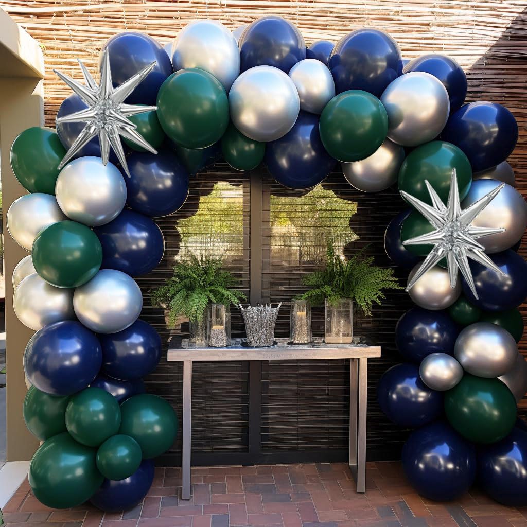 Navy Blue Green Silver Balloon Garland Double Stuffed Dark Green Silver Balloon Forest Green Navy Balloon Silver Metallic Balloon Arch Kit for Birthday Football Game Dinosaur Grad Party Decoration