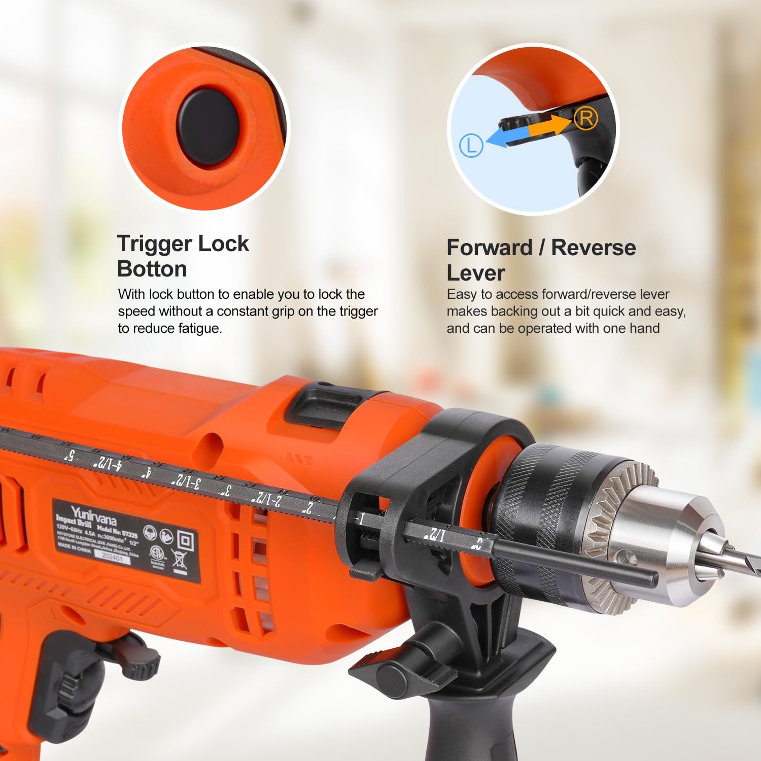 Yunirvana 4.5A Corded Hammer Drill,4.5A Corded Drill Impact Drill 0-3000RPM Electric Drill with 5 Drill Bit Set,Hammer and Drill Functions, 360°Rotating Handle