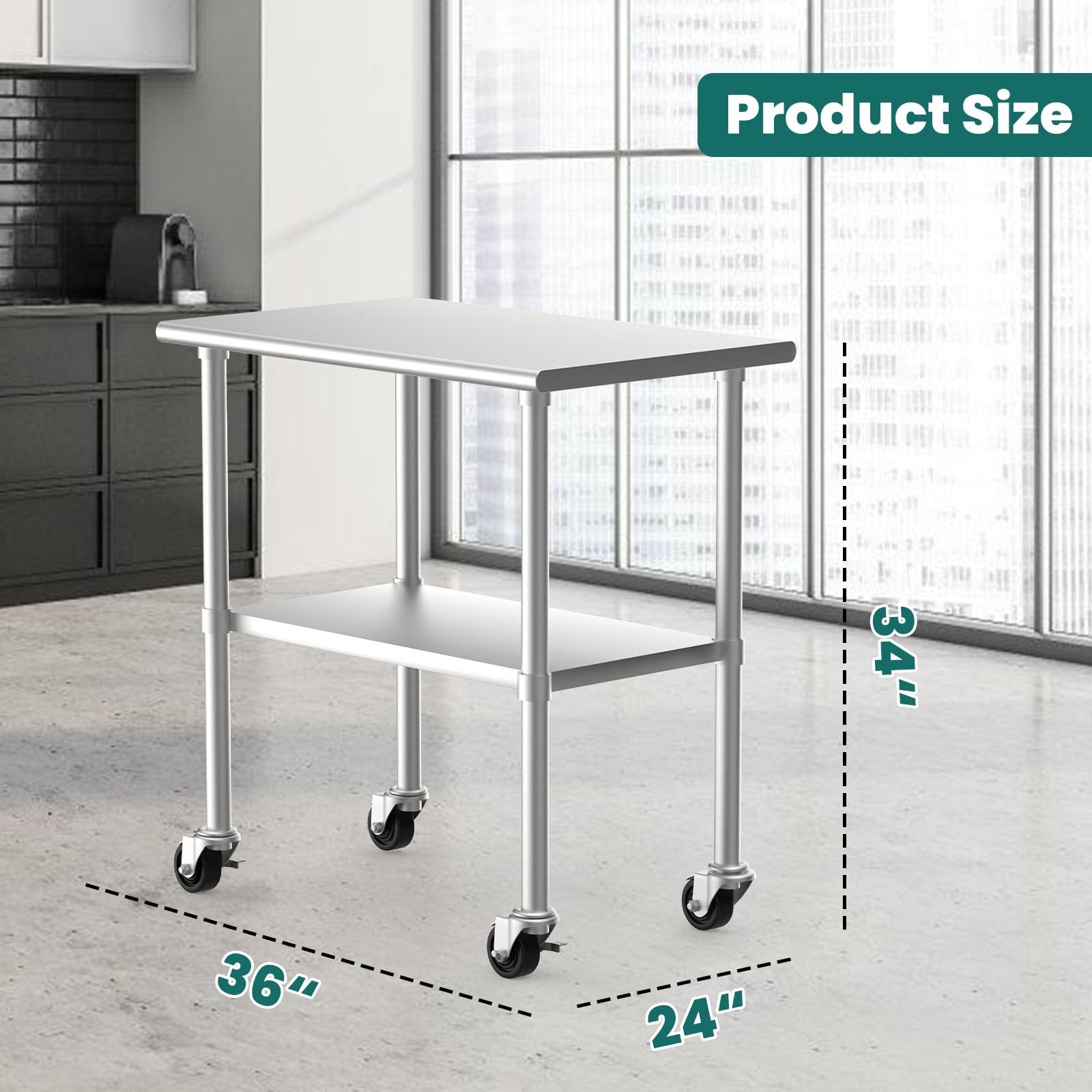 YBLFDY Stainless Steel Table with Wheels NSF Stainless Steel Prep Table 36x24 Inches, Kitchen Metal Table with Adjustable Undershelf，Heavy Duty Work Table for Kitchen, Garage, Laundary