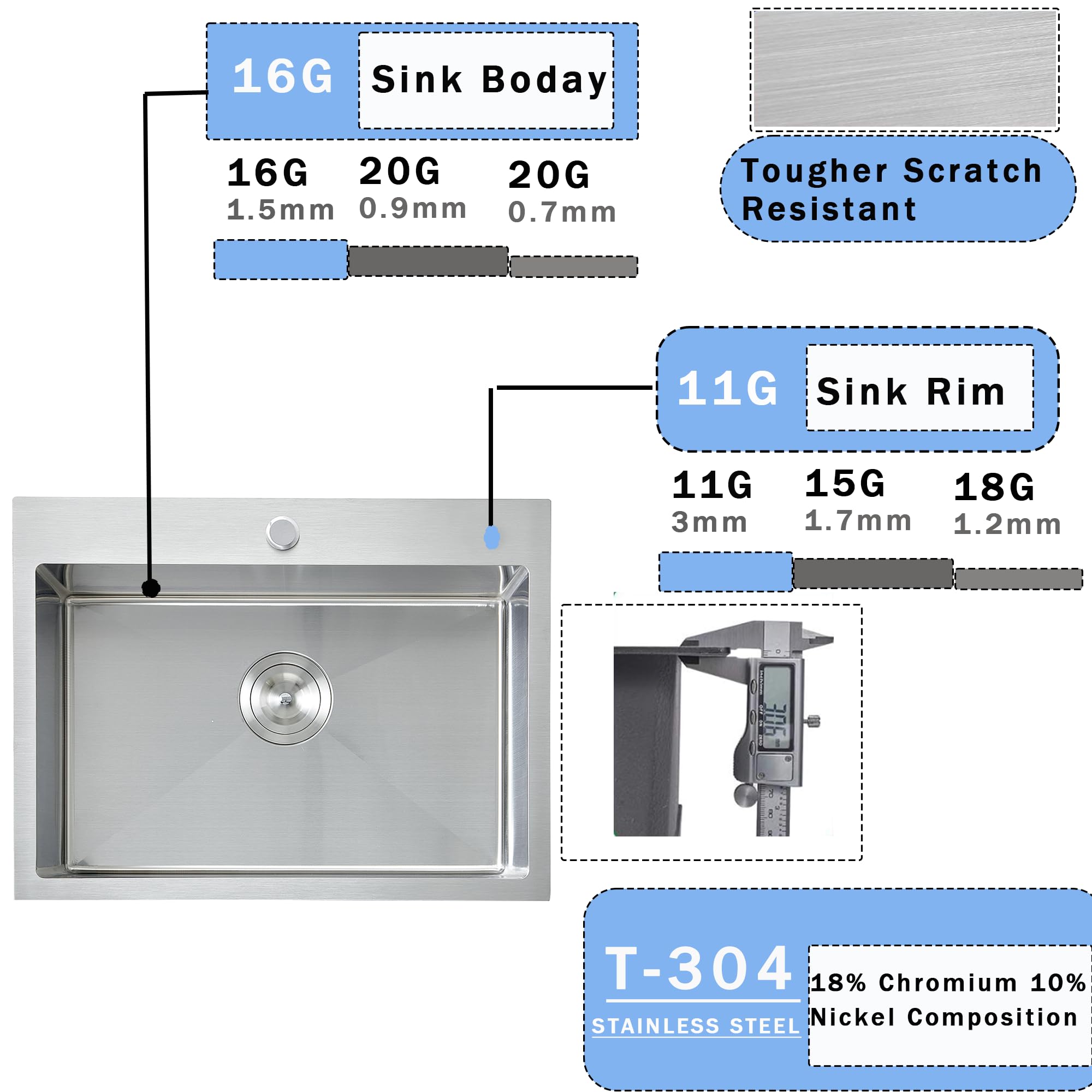 VCCUCINE 22x18 Inch Drop in Kitchen Sink,16 Gauge Topmount RV Small Kitchen Bar Sink, Handmade Stainless Steel Wet Bar Sink, Outdoor Single Bowl, Brushed Nickel Prep Sink with Strainer