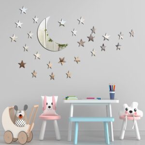 Stars Moon Acrylic Mirror Wall Stickers 3 Sizes Stars Stickers with Adhesive Art Decal 3D Wall Decorations for Baby Kids Bedroom Home DIY Decor