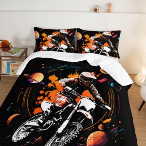 HOSIMA Dirt Bike Bedding Set Twin Size for Boys Teens,Galaxy and Orange Ink Background Motocross Comforter 3 Pieces,Extreme Sports Theme Black Comforter Set Twin with 2 Pillowcases.