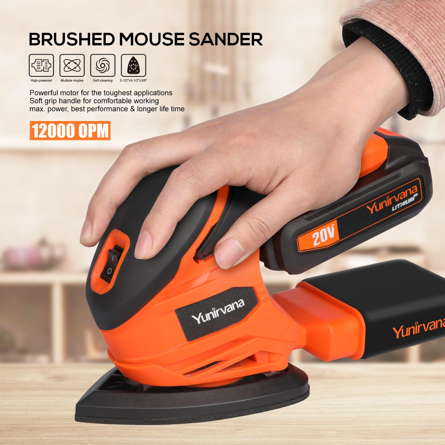 Yunirvana 20V Cordless Sander, Detail Sanders, 20Pcs Sandpapers,12000 RPM Sanders with Dust Collection System for Tight Spaces Sanding in Home Decoration, Battery and Charger Included