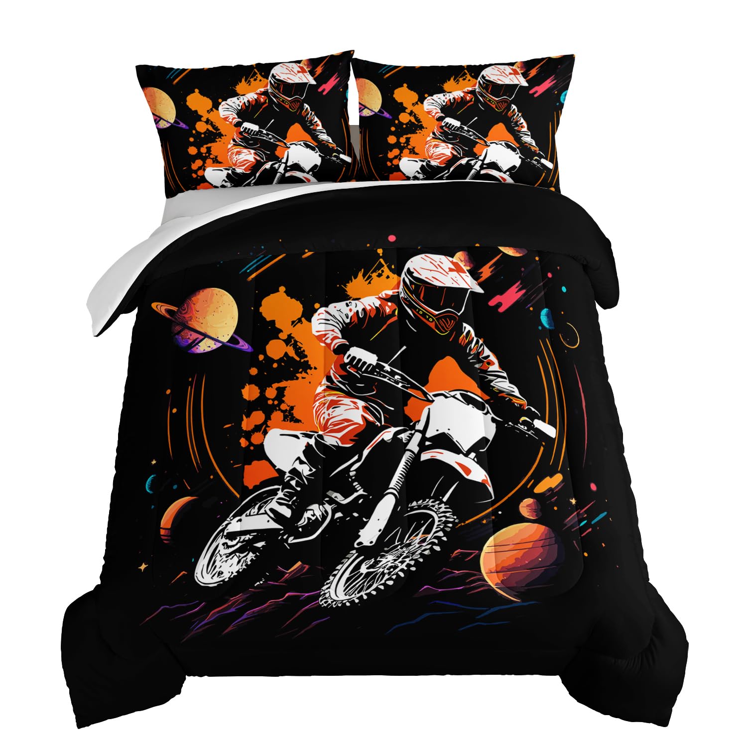 HOSIMA Dirt Bike Bedding Set Twin Size for Boys Teens,Galaxy and Orange Ink Background Motocross Comforter 3 Pieces,Extreme Sports Theme Black Comforter Set Twin with 2 Pillowcases.