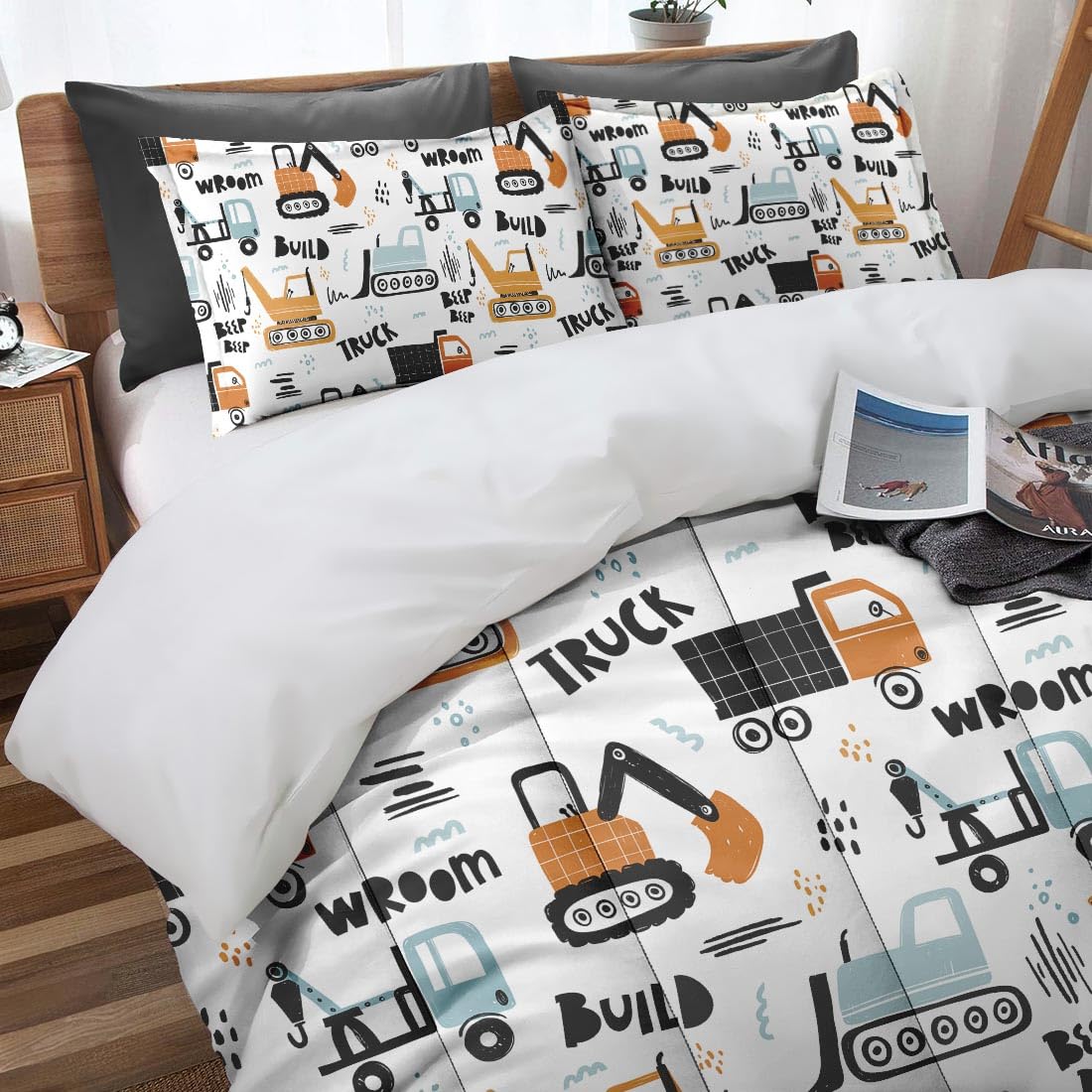 Nesphy Boys Construction Comforter Set for Kids Teens Queen, Hand Drawn Car Excavator Truck Bedding Sets Water Washed Microfiber Bedding with 1 Comforter 2 Pillowcases All Season